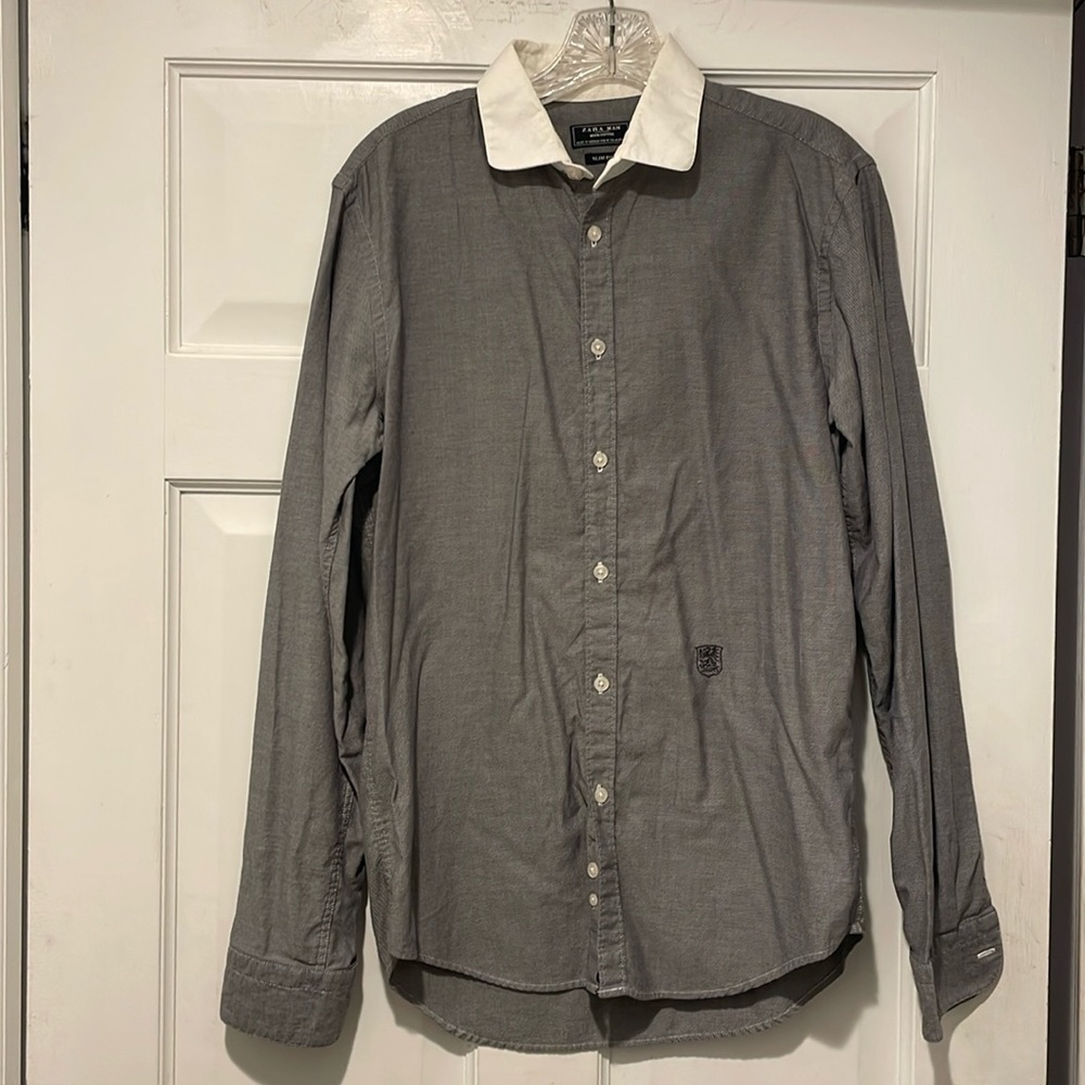 Zara Man Denim Couture grey long sleeve shirt with white collar Slim Fit.